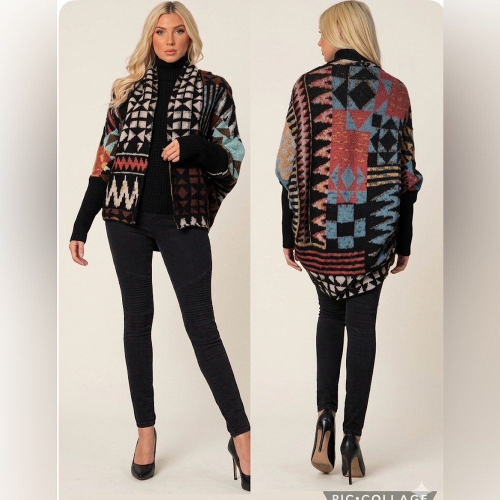MaxSport Cardigan Cocoon Sweater Southwestern Black Multi NWOT S/M Fuzzy Boho